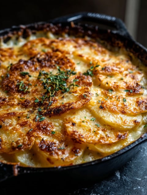 Potato gratin served in a black pot.