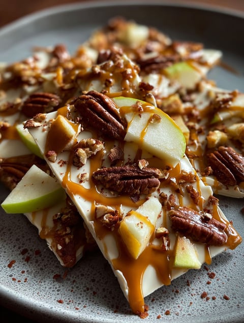 Close view of caramel apple bark.