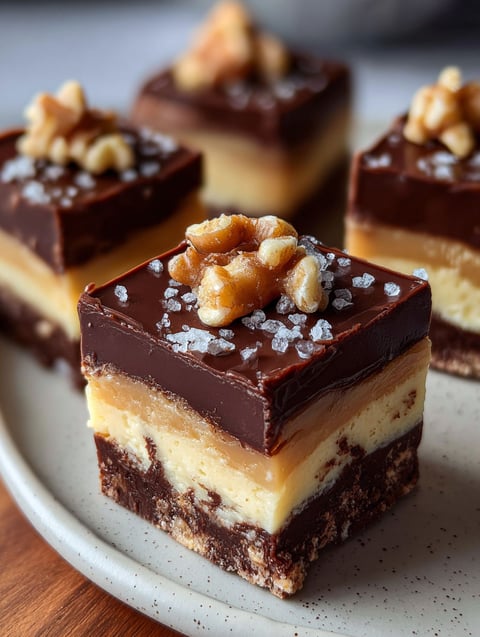 Square chocolate fudge piece topped with walnuts.