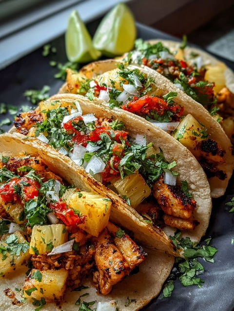 Tacos filled with chicken and pineapple on a plate.