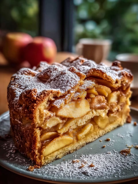 A piece of apple pie cake dusted with powdered sugar.
