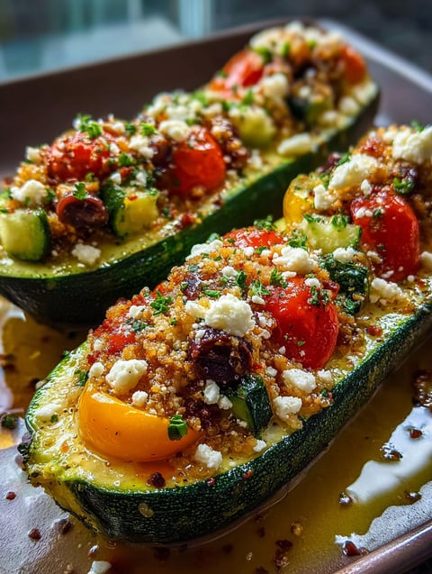 Two zucchinis stuffed with cheese and tomatoes.