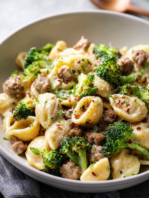 A bowl of pasta with sausage and broccoli.