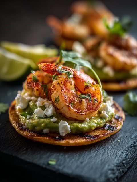 Tostadas topped with grilled shrimp and creamy avocado.