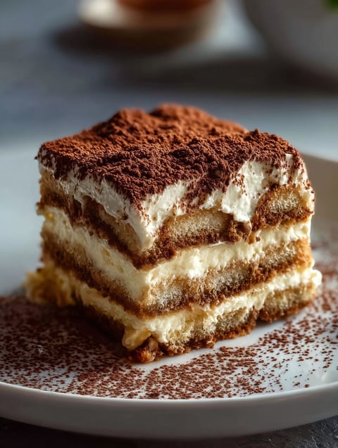 Slice of tiramisu classic dessert.