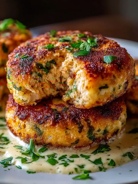 Crunchy cheesy tuna patties stacked.