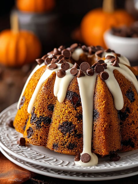 Bundt cake topped with chocolate chips and white icing.