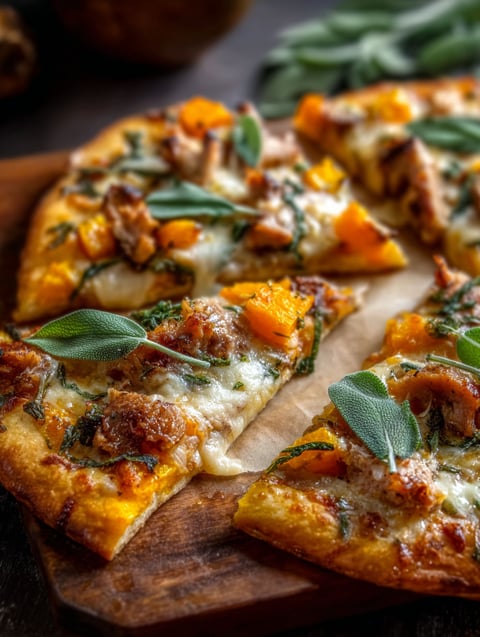 Pie topped with pumpkin, turkey, and sage on a wooden board.