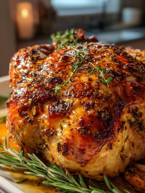 Close-up of a roasted turkey topped with fresh herbs.