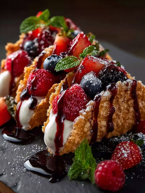Close-up shot of a dessert with berries and melted chocolate.