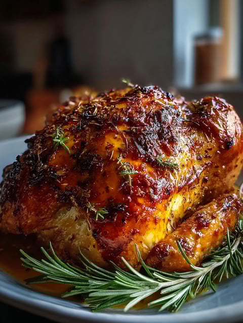 A roasted turkey with herbs and citrus.