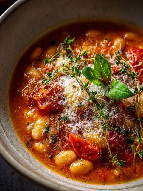 A bowl of soup with tomatoes, beans, and Parmesan cheese.