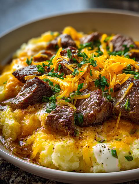 Close-up of a slow cooker steak and cheddar potato bake that looks super tasty.