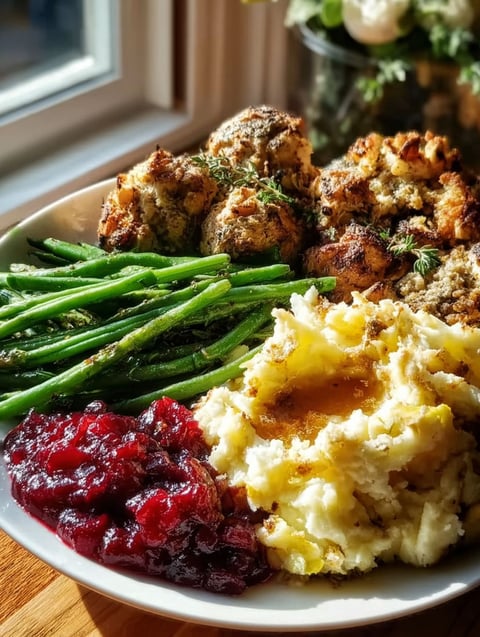 Plate with cranberry sauce, mashed potatoes, and green beans.