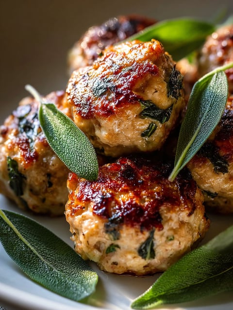 Plate holding turkey meatballs topped with sage and apple pieces.