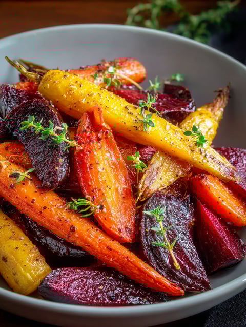 A bowl of honey glazed carrots and beets.