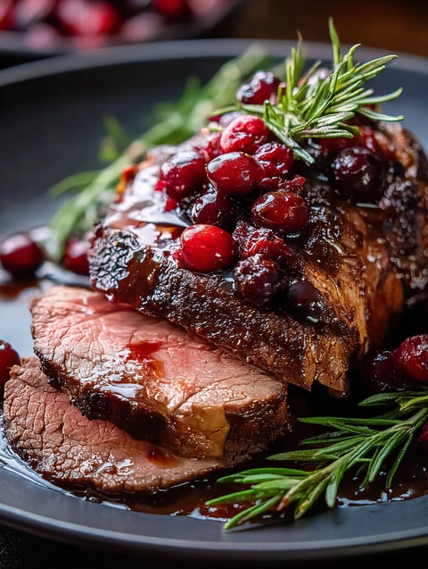 Plate of roast beef with balsamic and cranberries