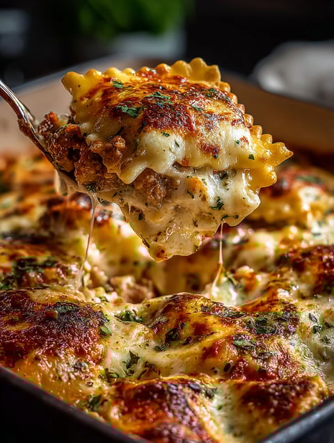 Spoon digging into a pasta and meat casserole dish.