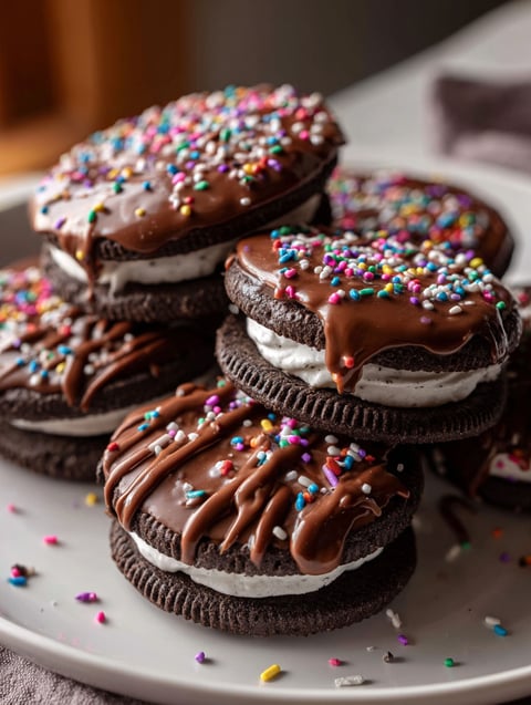 Chocolate dipped Oreos on a plate.