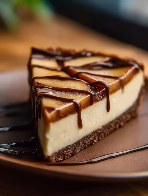 Slice of apple butter cheesecake with chocolate drizzle