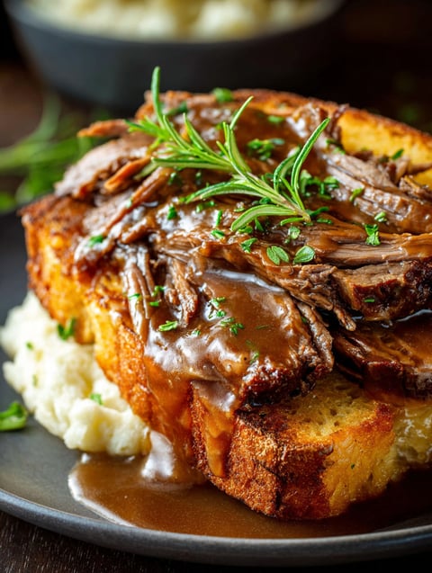 Close-up shot of a beef manhattan melt sandwich.
