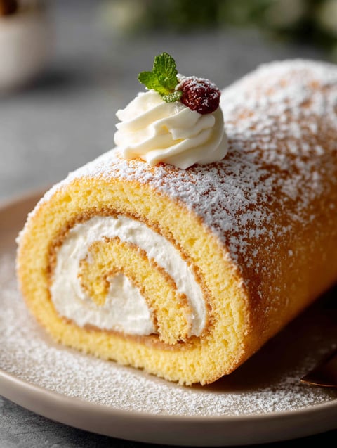 Slice of vanilla swiss roll cake topped with icing and a fresh mint leaf.