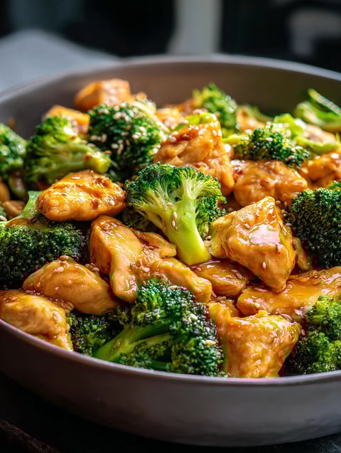 A bowl filled with chicken and broccoli stir fry