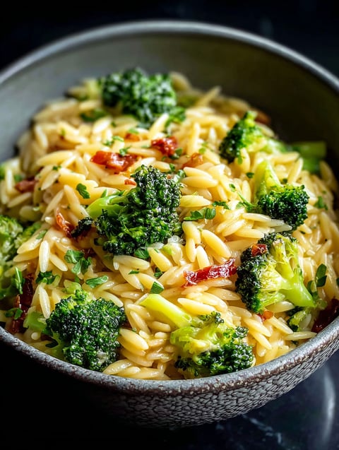 Bowl of orzo with broccoli