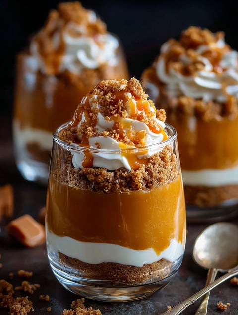 Glass filled with caramel pumpkin dessert.