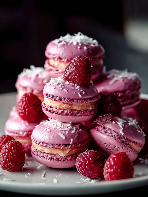 A pile of pink macarons topped with shredded coconut and a strawberry