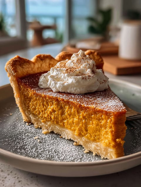 A slice of pumpkin pie with whipped cream.