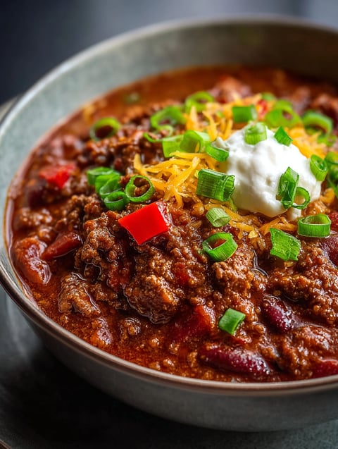 A bowl of chili topped with cheese and green onions