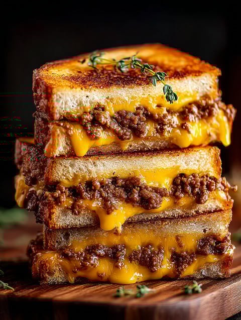 Stack of three grilled cheese sandwiches filled with beef.