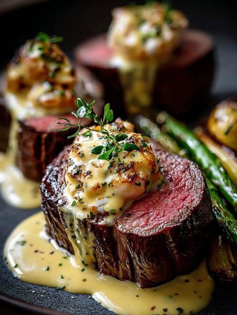 Close view of beef tenderloin stuffed with crab and topped with herb butter sauce.