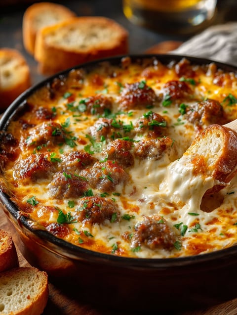 A bowl filled with spicy sausage and beer cheese dip.