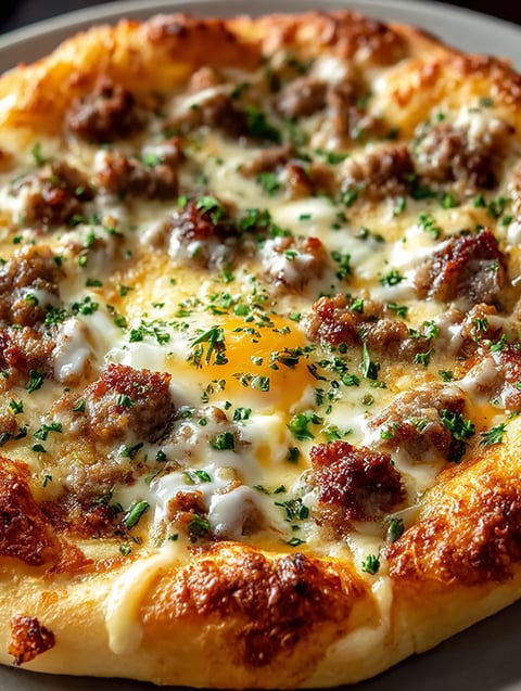 A breakfast pizza topped with biscuits and sausage gravy.