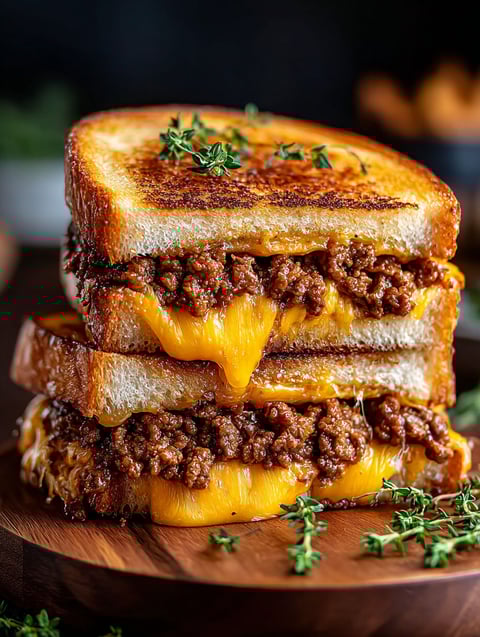 Grilled cheese sandwich with ground beef inside.