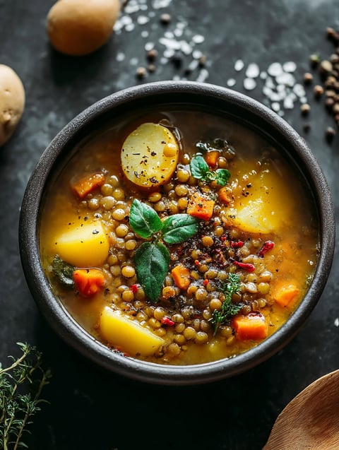 A bowl filled with cozy lentil and potato soup.