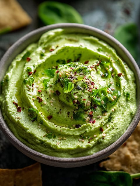 Bowl filled with creamy spinach avocado dip.