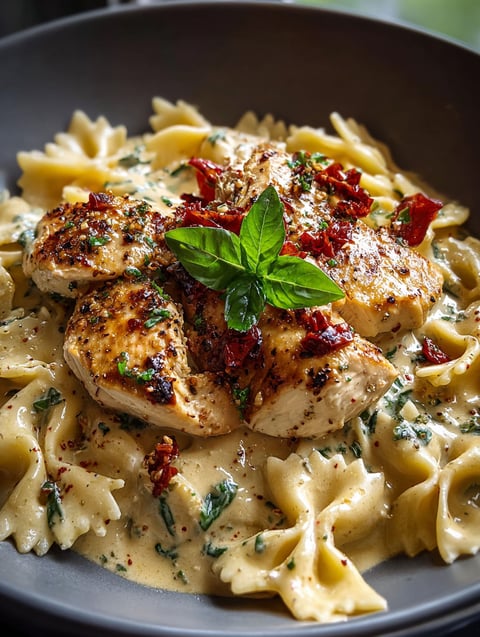 A plate of chicken and pasta.