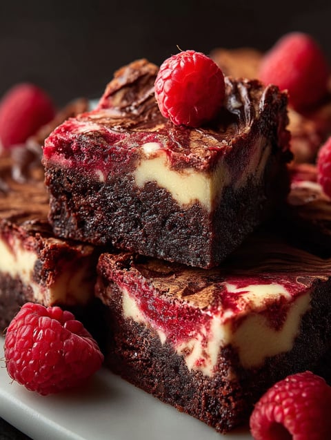 Close up shot showing chocolate treat topped with raspberries.