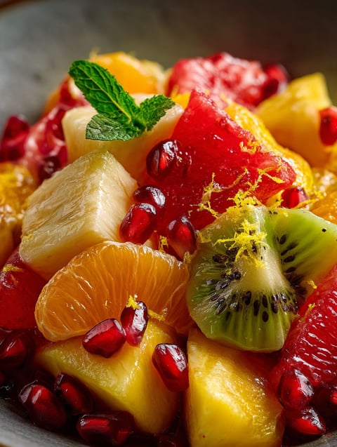 A bowl of fruit salad with a slice of kiwi.