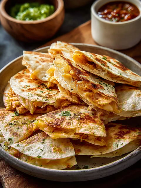 Plate filled with bite-sized chicken quesadillas.