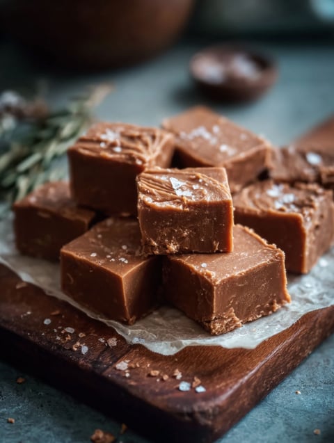 Stack of old school fudge on a wooden board