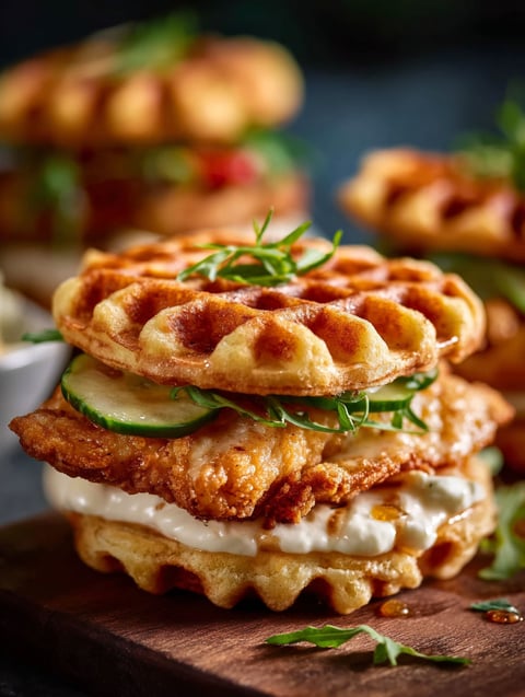 Slider with crispy chicken and waffle topped with green garnish.