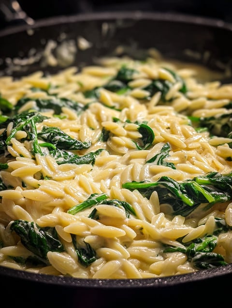 Plate with orzo pasta, spinach, and ricotta cheese.