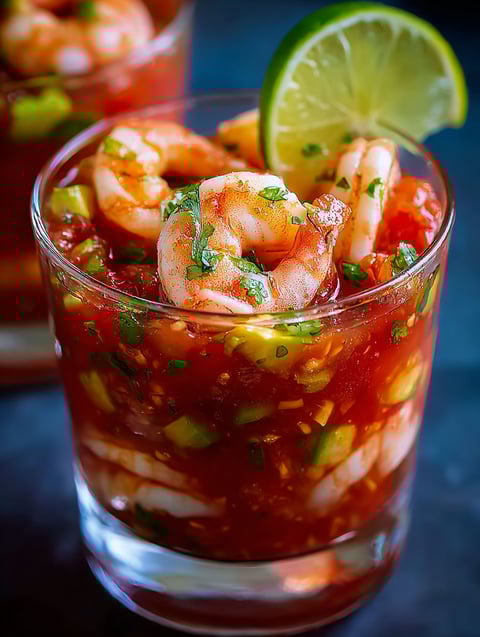 Glass filled with shrimp cocktail and lime wedges