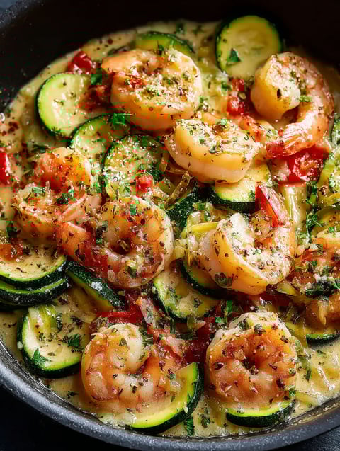 Skillet filled with shrimp and zucchini in creamy Parmesan sauce.