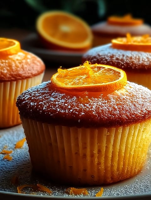 A cupcake topped with an orange slice.