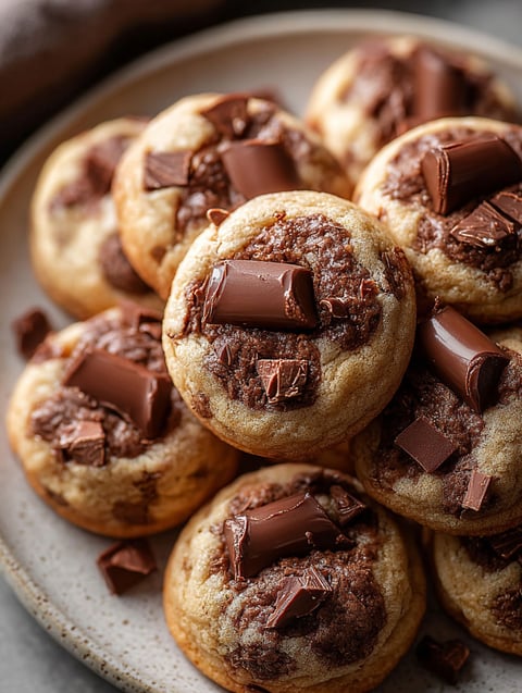 Plate filled with chocolate chip cookies drizzled with chocolate